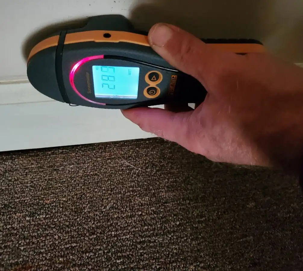 Moisture detection at baseboard during Sewage Cleanup & Sanitation in Orosi